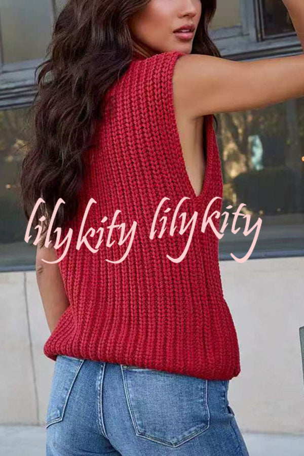 Solid Color Sleeveless Button Pocket Knit Vest