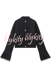Solid Color Elegant Feather Long Sleeve Casual Knitted Cardigan