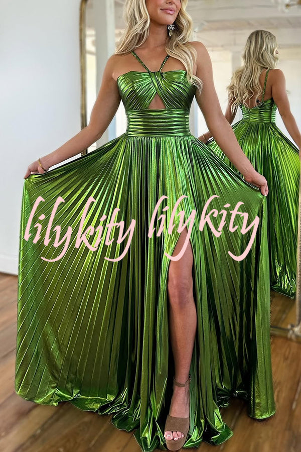 Queen Style Metallic Fabric Cross Neck Cutout Slit Pleated Maxi Dress