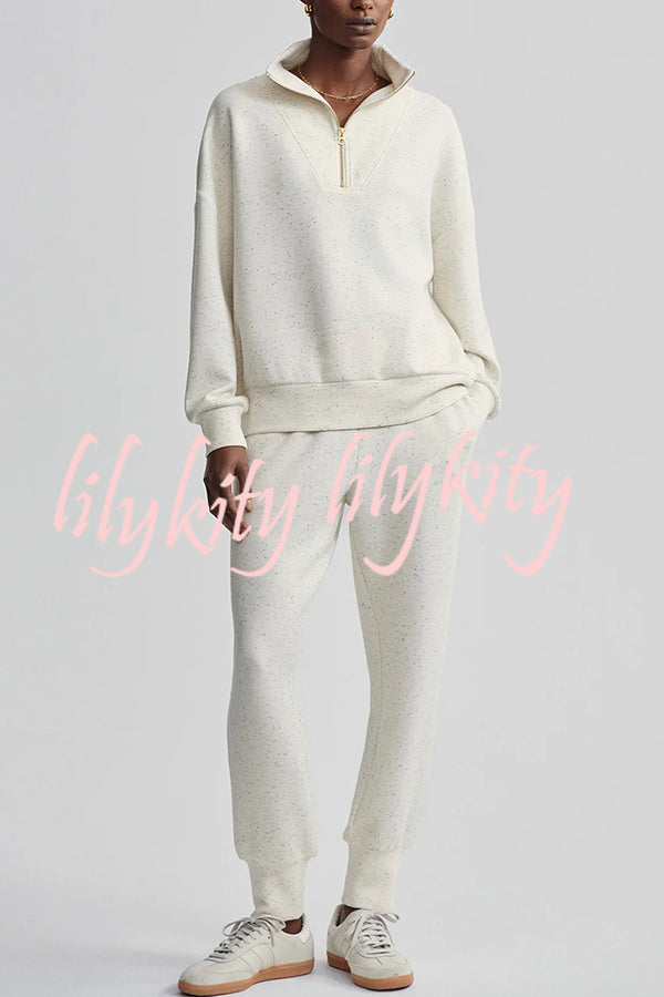 Everyday Neutrals Half-zip Neck Sweatshirt and Elastic Waist Pocketed Loose Jogger Set