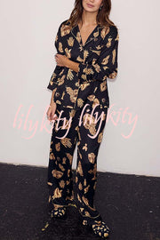 Golden Night Unique Print Color-block Trim Loose Shirt and Elastic Waist Pocketed Pajama Set