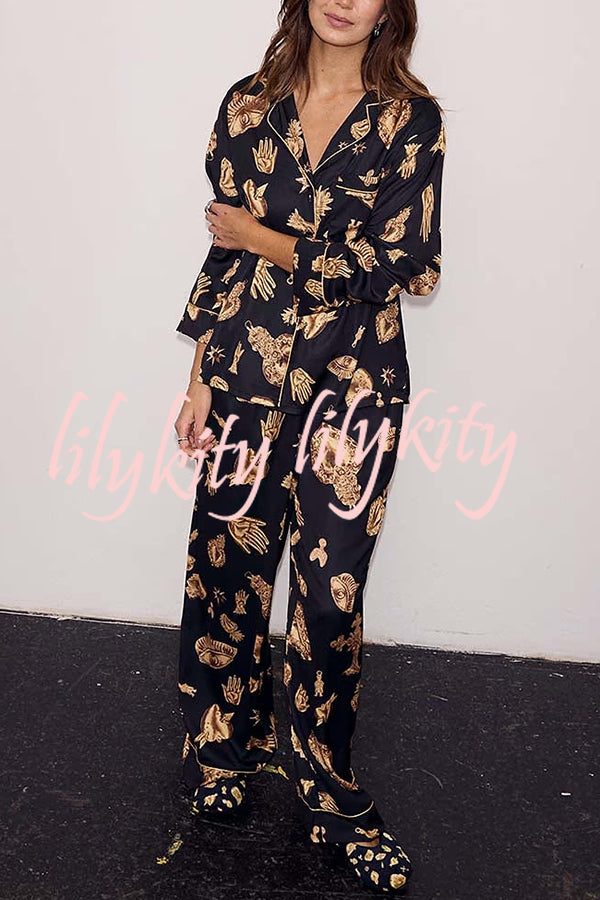 Golden Night Unique Print Color-block Trim Loose Shirt and Elastic Waist Pocketed Pajama Set