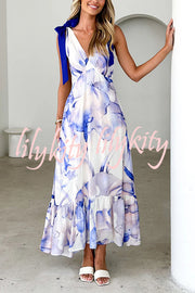 Unique Printed V-neck Sleeveless Lace-up Waist Maxi Dress