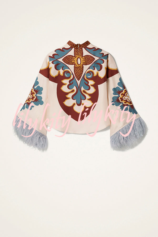 Bohemian Dreams Unique Print High Neck Feather Trim Bell Sleeve Top