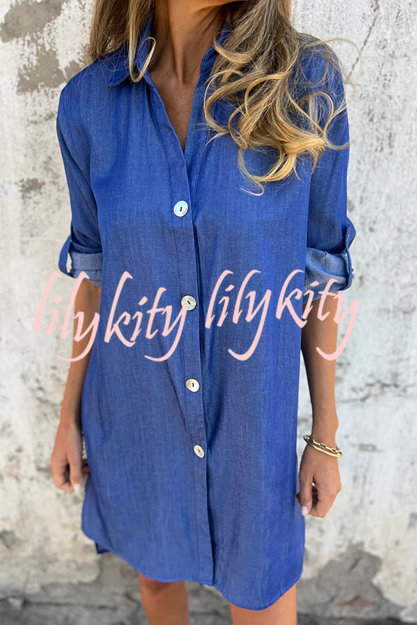 Solid Color Imitation Denim Casual Button Mid-length Shirt