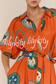 Linen Blend Unique Print Lapel Loose Tie Cardigan Maxi Dress