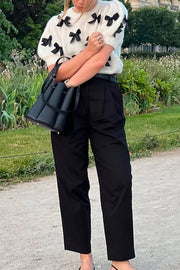 Stylish Bow Decoration Round Neck Puff Sleeve Casual Knit Sweater