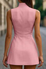 Solid Color Stand Collar Sleeveless Button-embellished Fitted Mini Dress