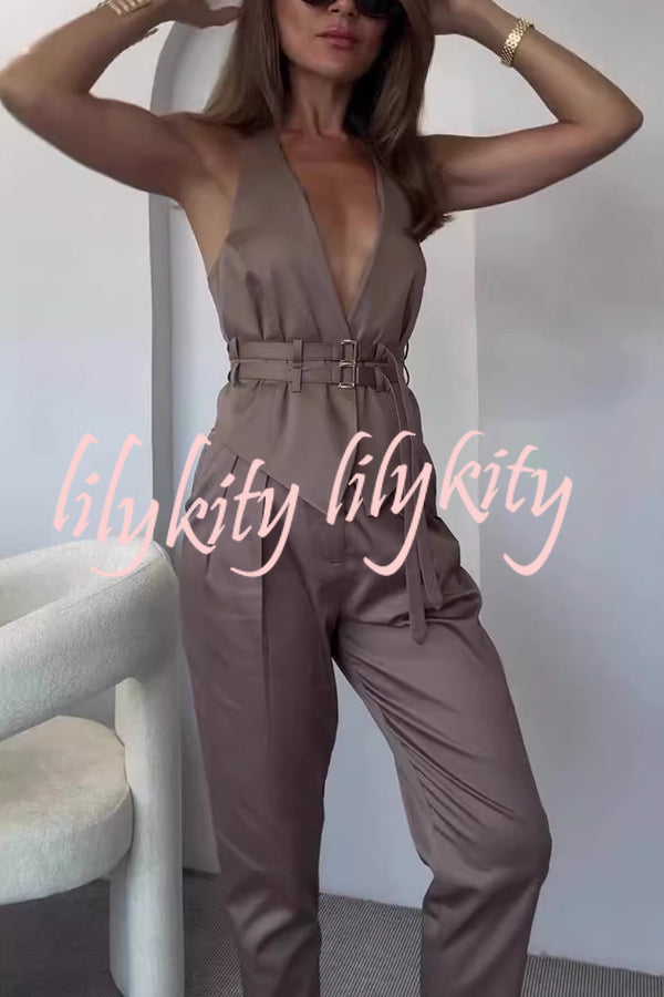 Sexy Backless Belted Waistcoat and Casual Pocket Pants Set