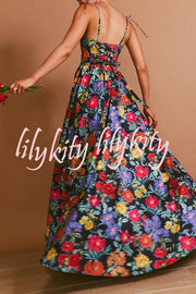 Garden Wedding Floral Print Back Tie-up Pocketed Slit Maxi Dress