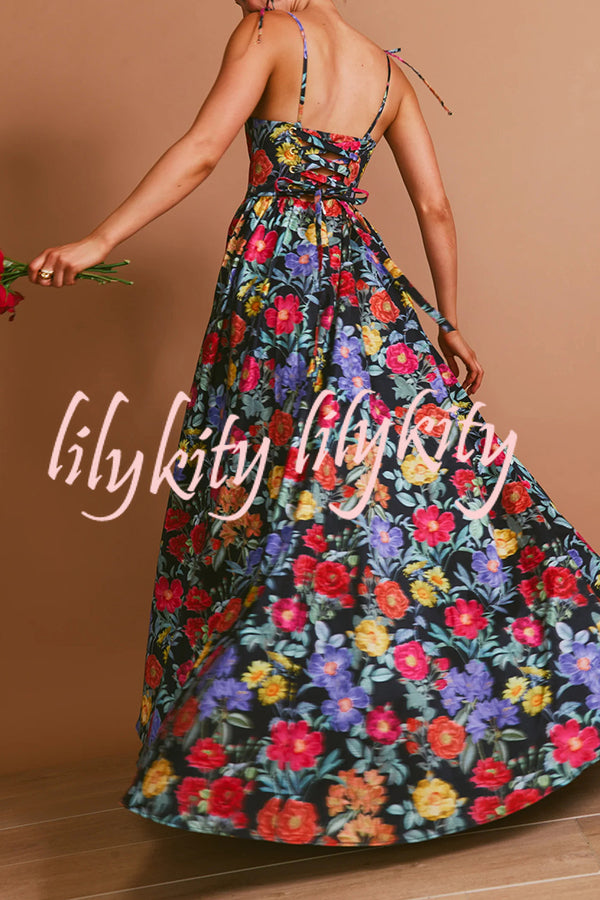 Garden Wedding Floral Print Back Tie-up Pocketed Slit Maxi Dress