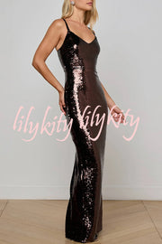 Dazzling Like Flowing Water Sequin V-neck Back Zipper Slit Maxi Dress