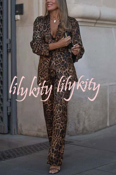 Chic View Leopard Print Tie-up Waist Lapel Blazer and Elastic Waist Loose Pants Set