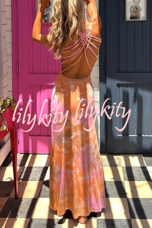 Summer Adventures Tie-dye Print Back Lace-up Stretch Maxi Dress