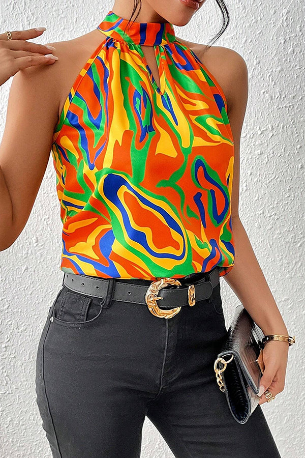 Unique Print Sleeveless Round Neck Loose Top
