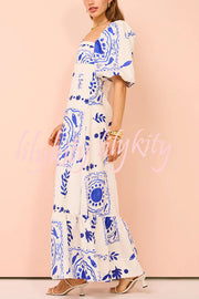 Sherbert Linen Blend Unique Print Square Neck Bubble Sleeve Maxi Dress