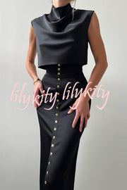 Solid Color Casual Sleeveless Crop Top and Elegant Button-down Maxi Skirt Set