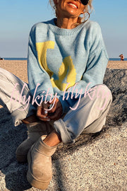 Letter Pattern Crew Neck Long Sleeve Loose Knit Sweater