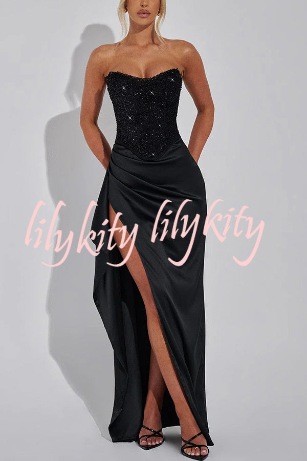 Amazing Dream Sequin Satin Patchwork Off Shoulder Ruffles Drape Slit Maxi Dress