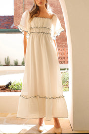 Fashion Square Neck Open Back Pleated Waist Maxi Dress