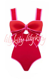 Bow Swimsuit and Elastic Waist Spotted One Piece Swimsuit + Skirt