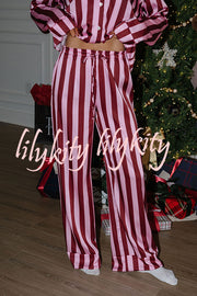Courtney Satin Colorblock Striped Loose Shirt and Elastic Waist Pocketed Pajama Set