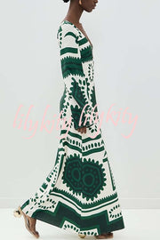 Holiday Fashion Unique Print Front Center Hollow Ring Long Sleeve Maxi Dress