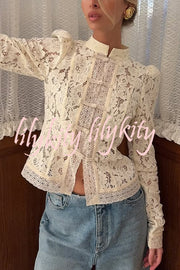 Fashion Hollow Lace Stand Collar Long Sleeve Slim Shirt