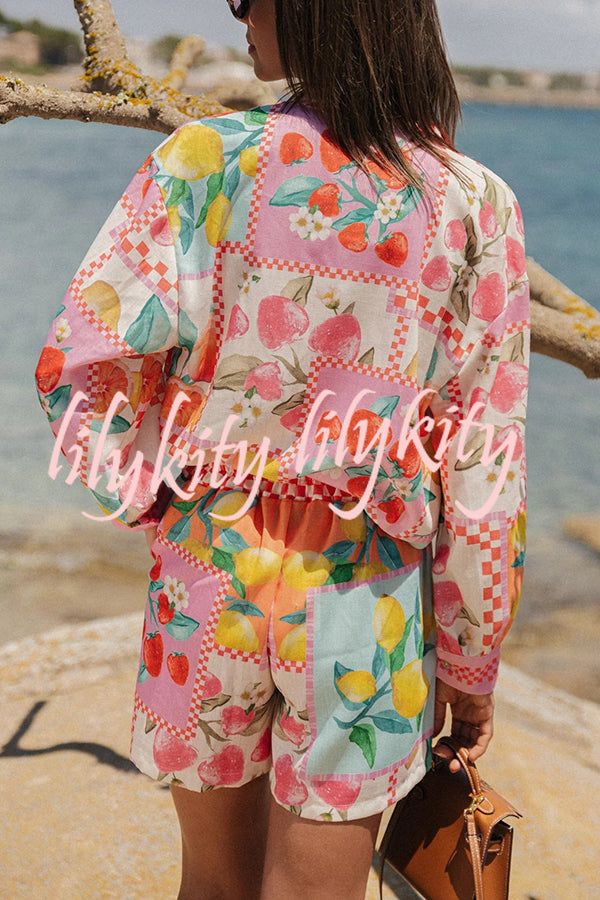 Leisurely Outings Summer Fruit Print Loose Long Sleeve Shirt and Elastic Waist Pocket Shorts Set