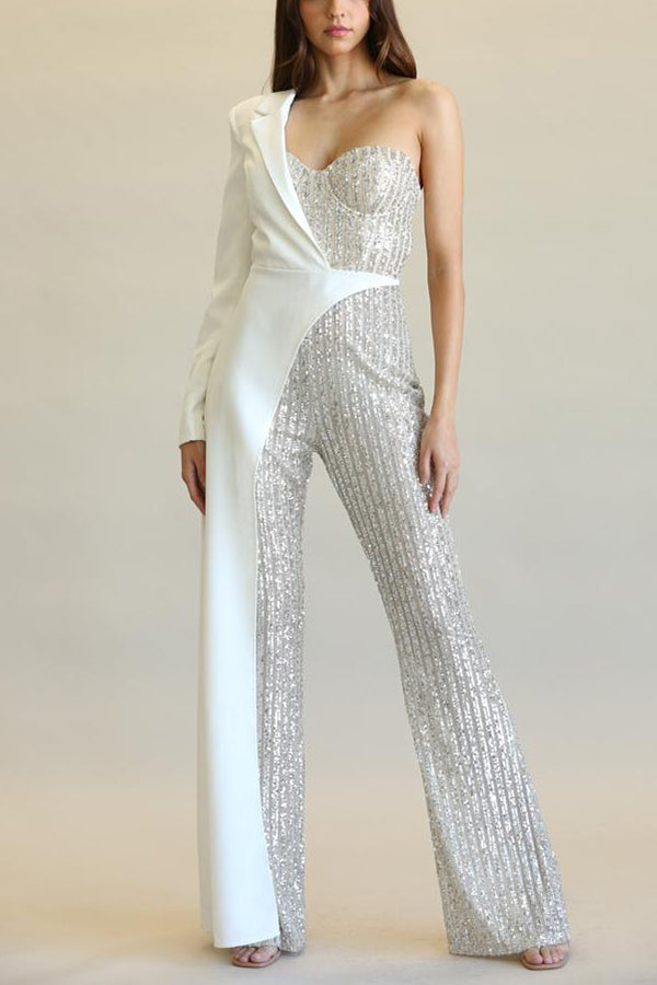 Fashionable Sequined Patchwork One-sided Long-sleeved Asymmetrical Jumpsuit