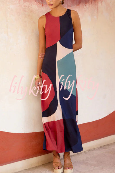 Nika Unique Color Block Print Crew Neck Bias Cut Maxi Dress