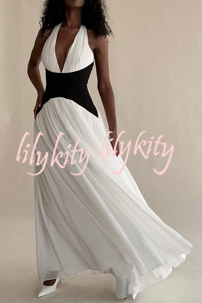 Fashionable Color Matching Sexy Halter Neck Waist Maxi Dress
