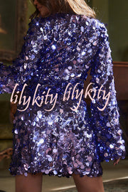 Fashionable and Dazzling Large Sequins Long Bell Sleeve H-line Mini Dress