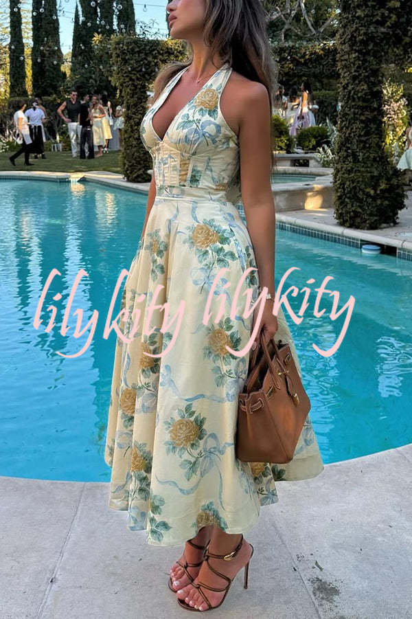 Resort Star Floral Print Waist Halterneck Tie Pocket Midi Dress