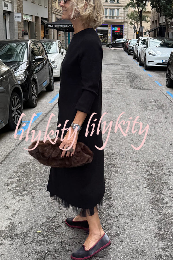 Jollie Knit Long Sleeve Front Slit Midi Sweater and Pleated Tulle Stretch Tank Midi Dress Two-piece Set