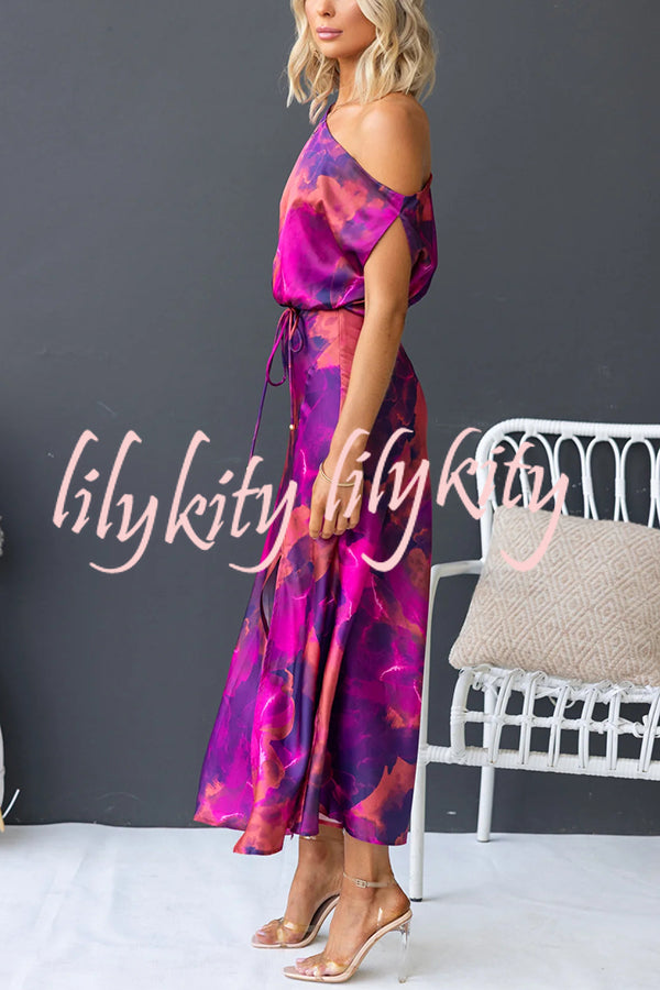 Winona Satin Floral Print One Shoulder Balloon Sleeve Tie-up Maxi Dress