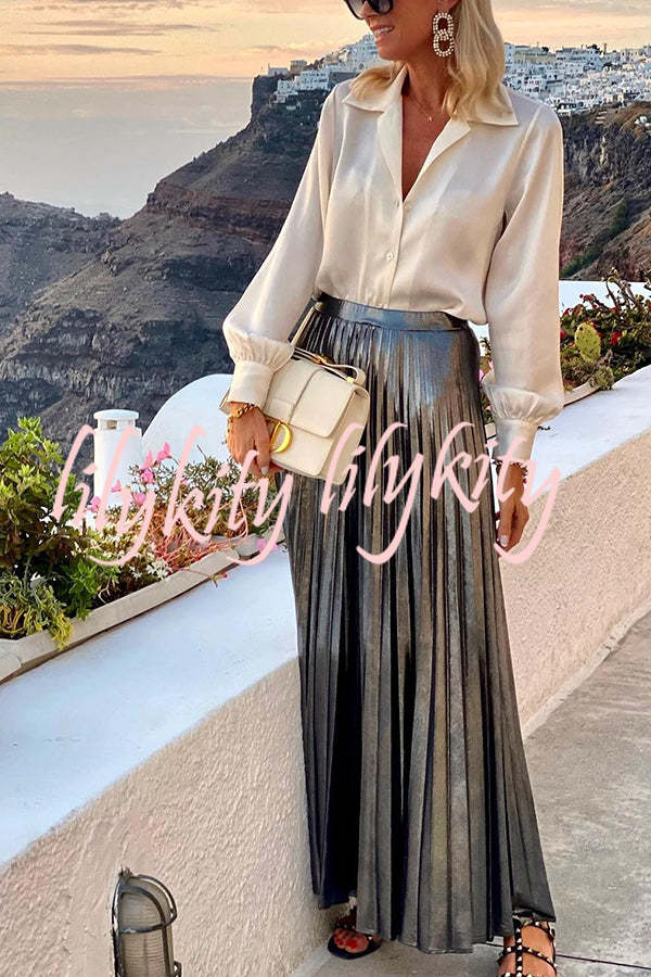 Fashionable Metallic Pleated Back Elastic Waist Maxi Skirt