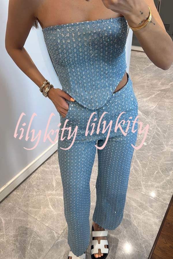 Fashionable Look Denim Sequin Textured High Rise Pocket Straight Jeans