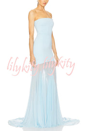 Blue Sky Off Shoulder Contrast Sheer Mesh Fabric Stretch Maxi Dress
