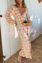 Gorgeous Sunshine Colorful Unique Print Kimono Puff Sleeve Midi Dress