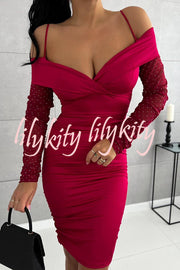 Christy Off Shoulder Mesh Glitter Sleeve Ruched Stretch Mini Dress