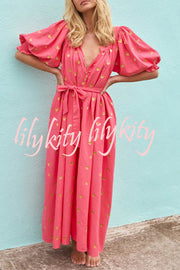 Valentine's Day Gold Heart Print Puff Sleeve Button Pocketed Loose Maxi Dress