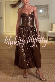 Enchanted Night Sequin Low-cut Corset Balloon Hem Slip Midi Dress