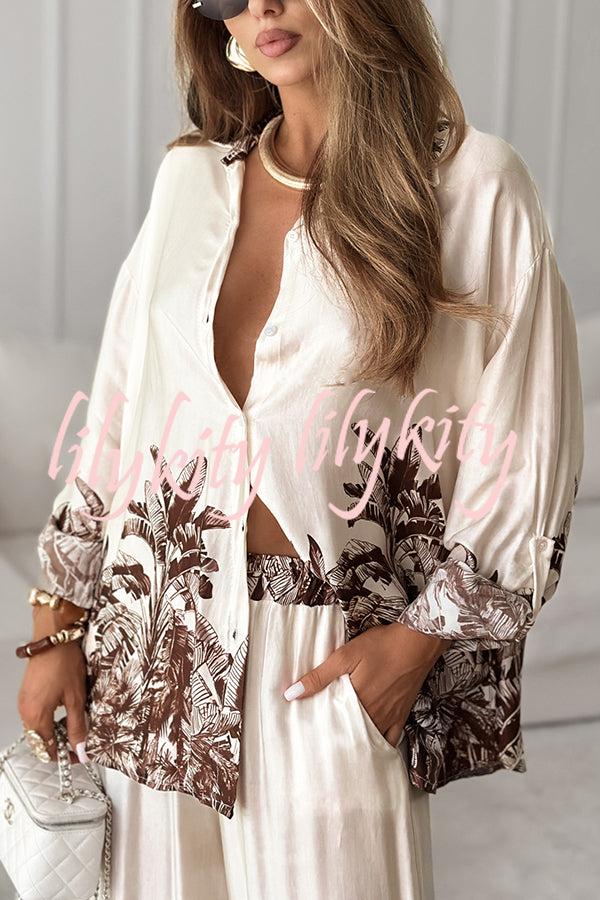 Botanical Print Loose Long-sleeved Shirt and Elastic Waist Pocket Casual Wide-leg Pants