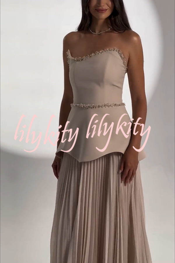 Capture The Moment Gem Trim Pleated Hem Strapless Maxi Dress