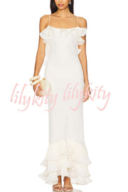 Alisin Pleated Chiffon Wavy Ruffles Trim Slip Maxi Dress