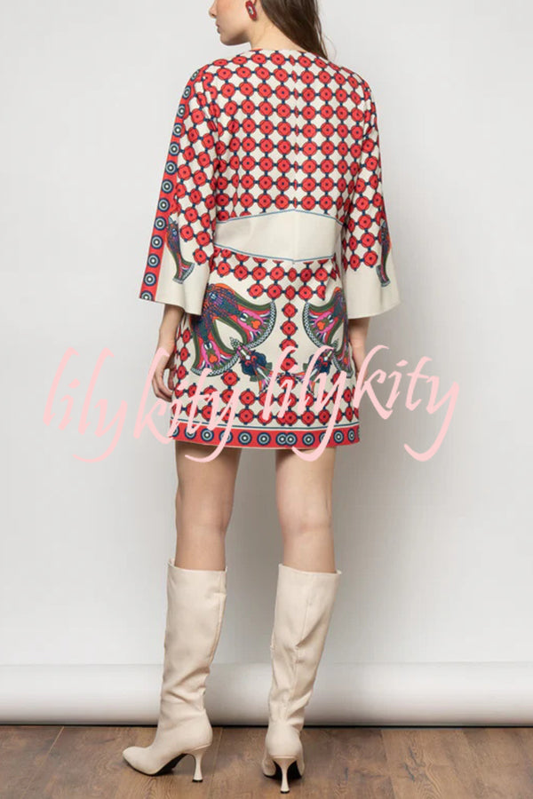 Unique Print V-Neck Loose Holiday Mini Dress