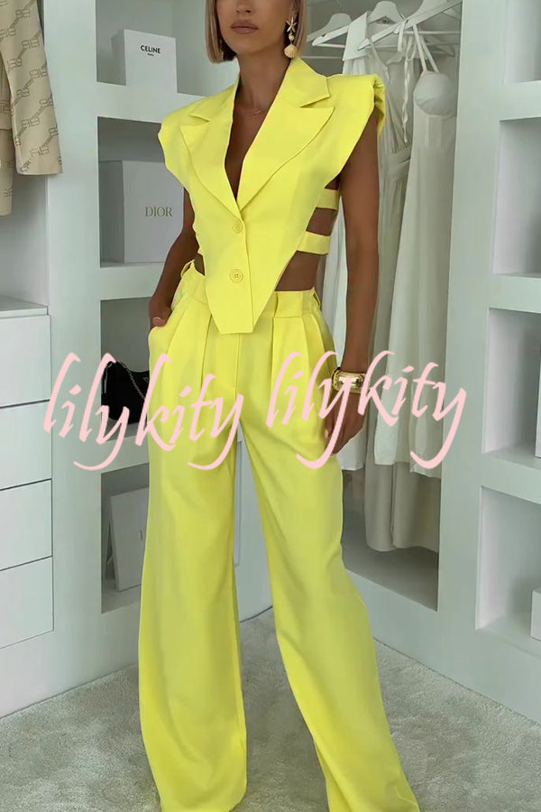 Fashion Style Lapel Waist-baring Irregular Vest and  Elastic Waist Pocket Loose Pants Set