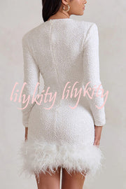 Party Must-have Sequin Long Sleeve Feather Trim Stretch Mini Dress