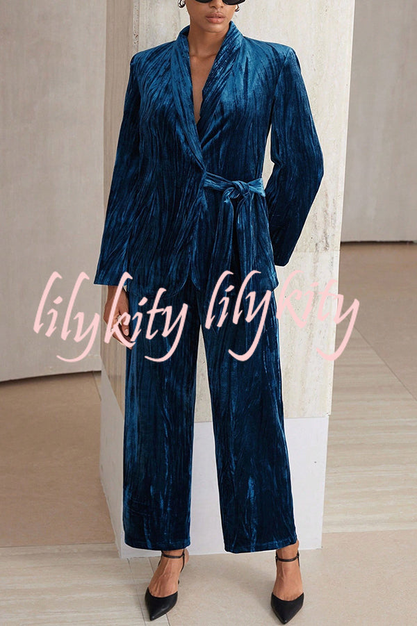 Solid Color Velvet Pleated Long-sleeved Tie Top and Casual Pocket Straight-leg Pants Set